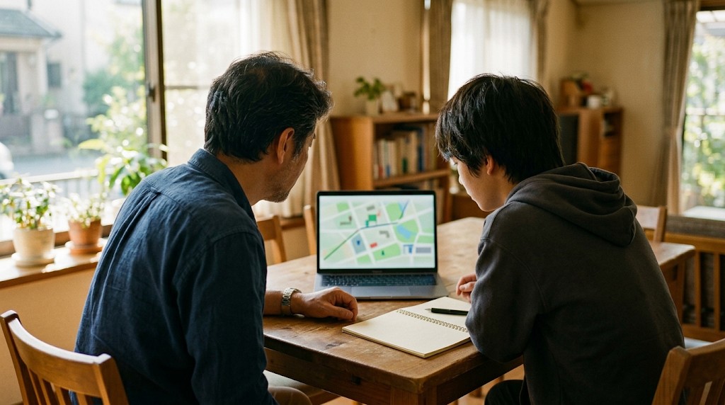 明るい居間のテーブルで、ノートパソコンの地図を一緒に見る父親と高校生の息子