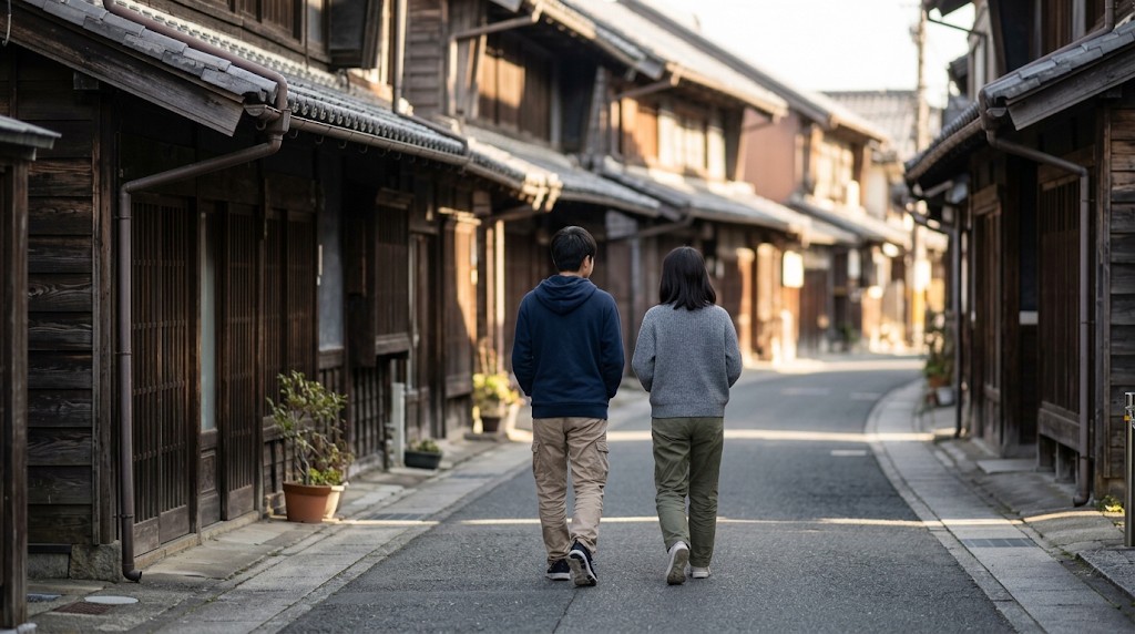 蔵造りの町並みの通りを、並んで歩く高校生2人の後ろ姿