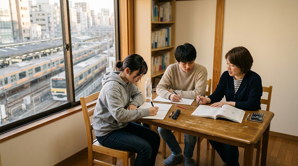 駅が見える明るい学習室で、ノートに書き込む高校生と、横で説明するスタッフ