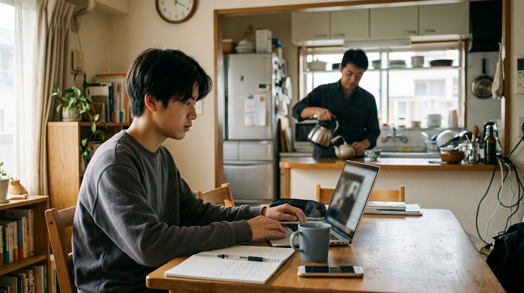 朝の食卓でノートパソコンのオンライン授業を受ける高校生と、奥の台所でお茶をいれる父親