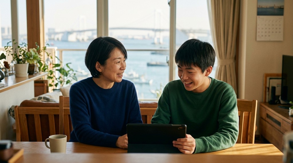 海と橋が見える部屋の食卓で、タブレットを一緒に見ながら話す母親と高校生