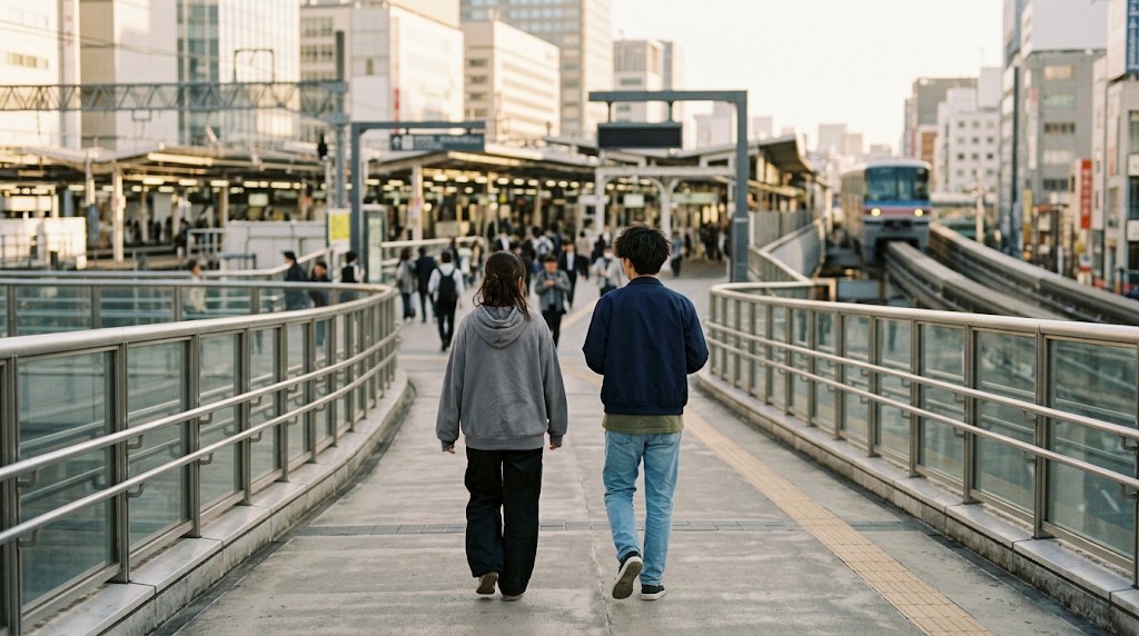 朝の駅前のデッキを並んで歩く2人の高校生の後ろ姿と、奥を走るモノレール