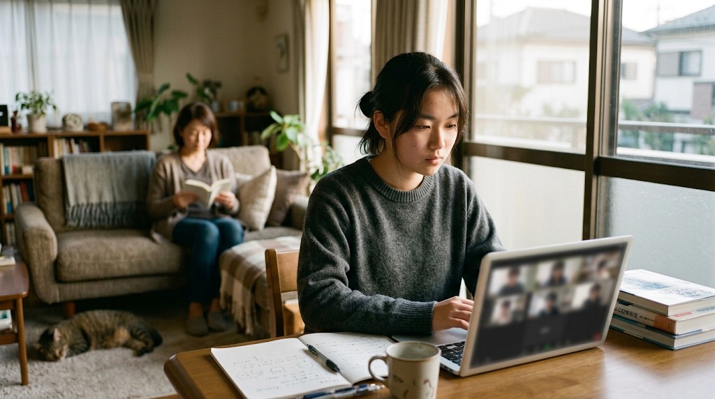 窓ぎわの机でノートパソコンのオンライン授業を受ける高校生と、ソファで本を読む母親