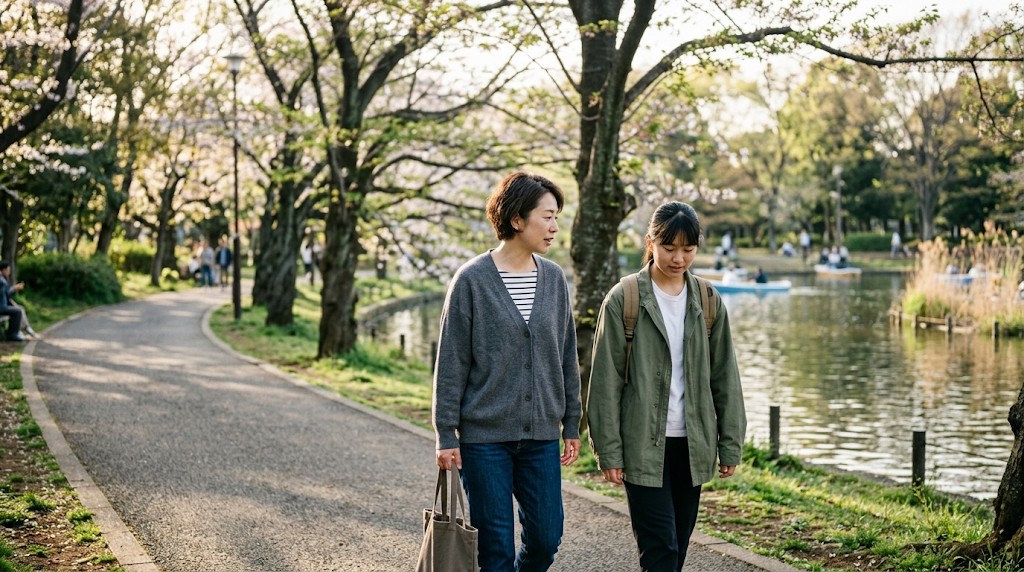 池のほとりの並木道を、話しながら並んで歩く母親と高校生の娘