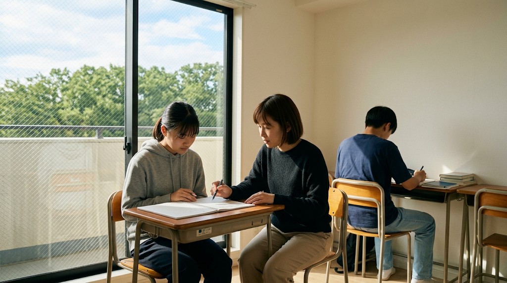 窓から木々が見える明るい学習室で、高校生の横に座ってノートを指しながら説明するスタッフ