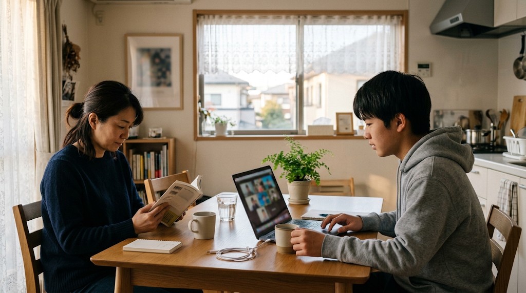 朝の食卓で、ノートパソコンのオンライン授業に参加する高校生と、向かいで本を読む母親