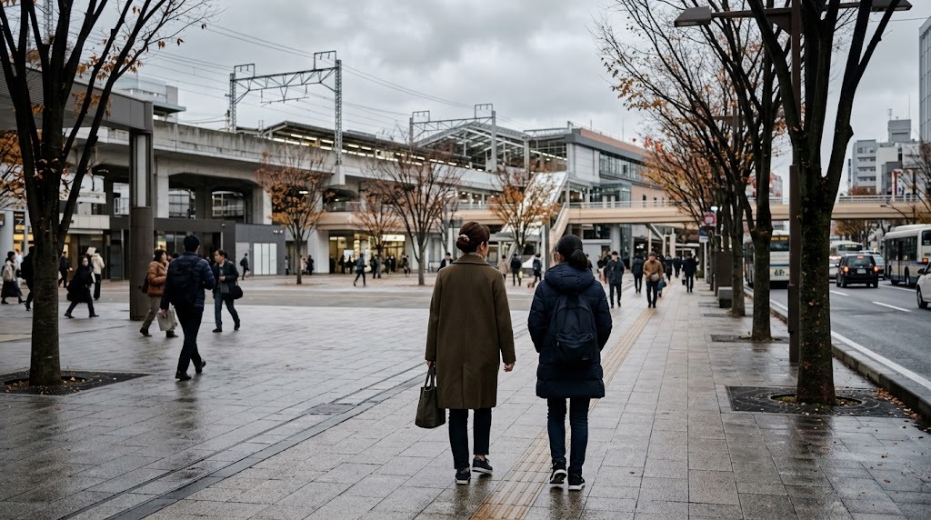 曇り空の駅前の歩道を、母親と娘が並んで歩いている