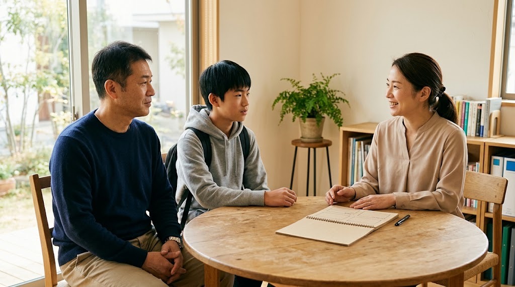 相談室の丸テーブルで、父親と息子が職員と話している