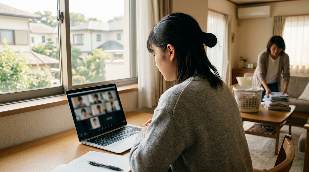 家の机でノートパソコンのオンライン授業を受ける高校生と、奥で洗濯物をたたむ母親