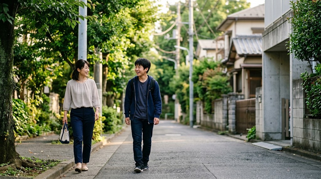 緑の多い住宅街の道を、話しながら並んで歩く母親と高校生の息子