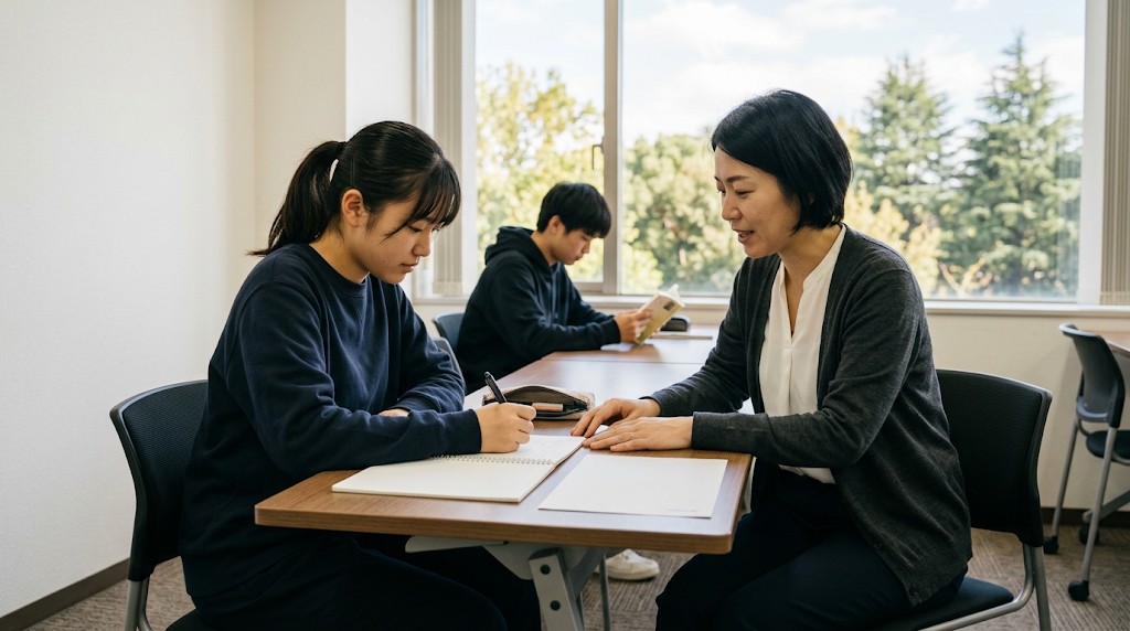 明るい教室で、ノートに書き込む高校生と、横で説明するスタッフ、奥で本を読む生徒