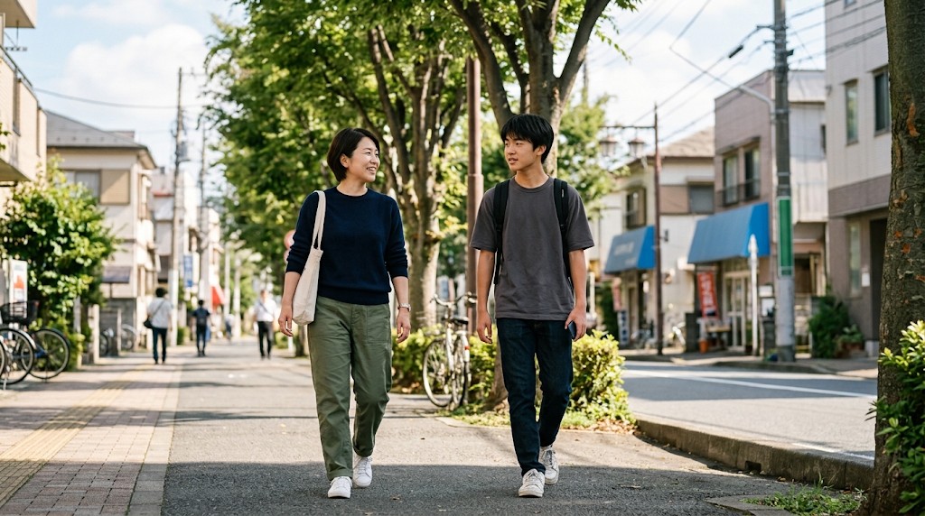 並木道の歩道を話しながら並んで歩く母親と高校生の息子