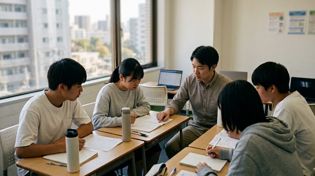 明るい学習室で、テーブルを囲んで高校生たちとノートを見ながら話すスタッフ