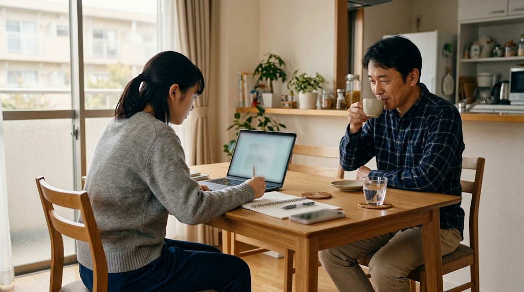 自宅の食卓でノートパソコンのオンライン授業を受ける高校生と、向かいでお茶を飲む父親