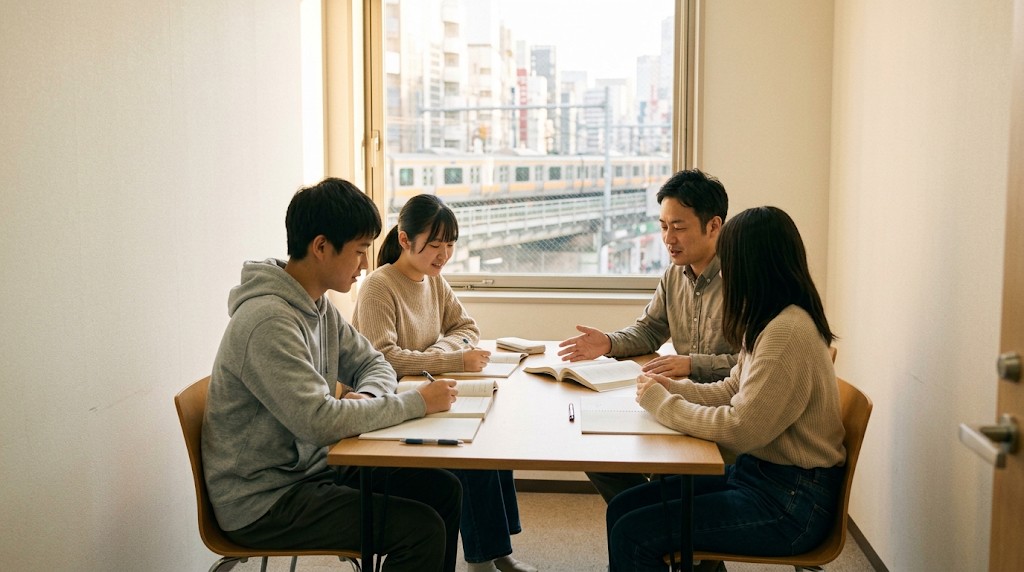駅近くの明るい学習室で、高校生とスタッフがテーブルを囲んで話している様子