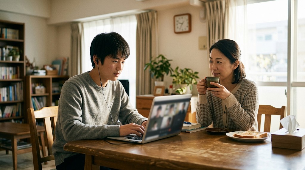 朝の食卓で、ノートパソコンでオンライン授業を受ける高校生と、そばでお茶を飲む母親