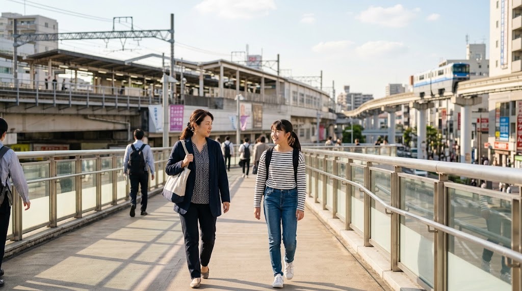 駅前の歩道橋を、母親と娘が話しながら歩いている