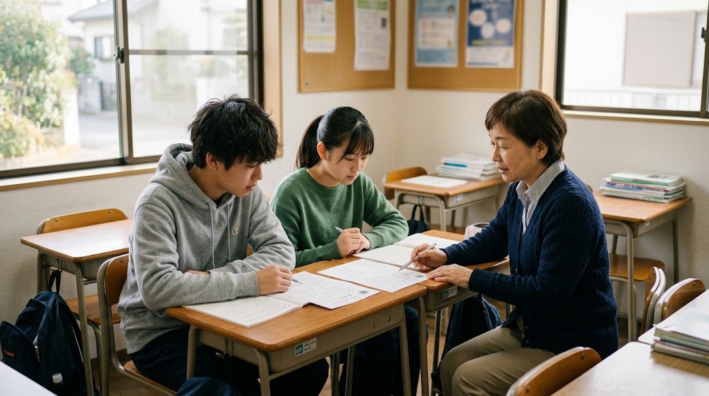 学習室で2人の生徒が課題に取り組み、職員が隣で説明している