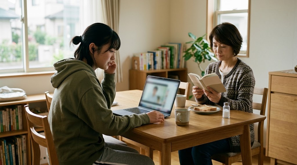 自宅のテーブルでオンラインの授業を受ける生徒と、そばで本を読む母親