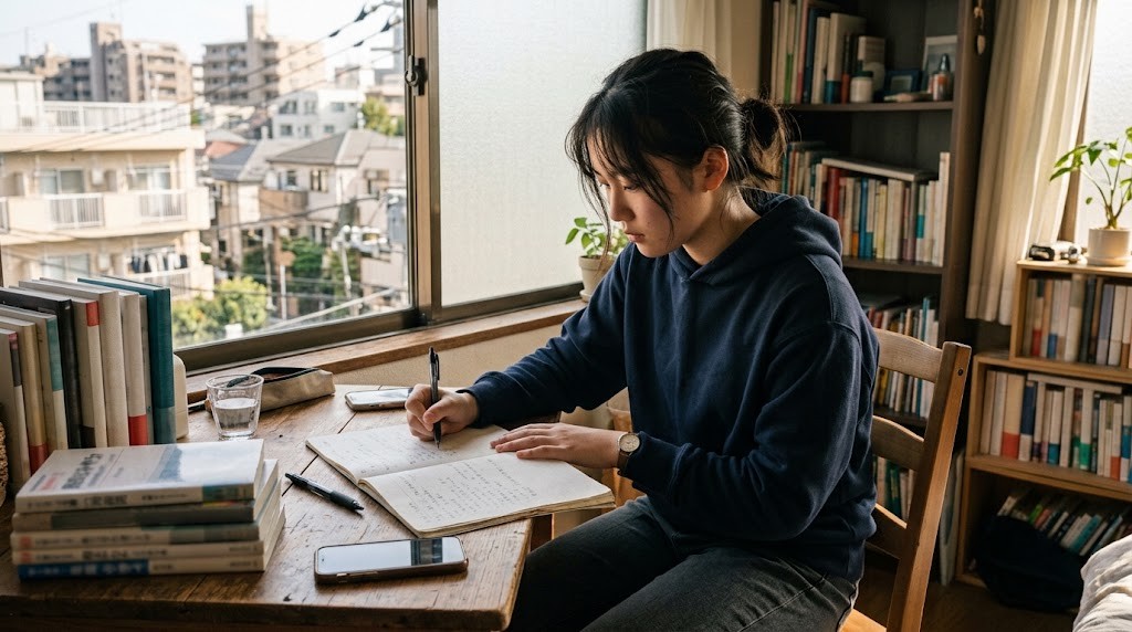 窓辺の机でノートに書き込みながら勉強する高校生