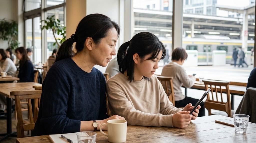駅近くのカフェでタブレットを見ながら話す親子