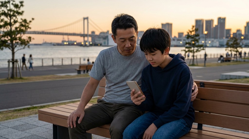 夕方の海沿いの公園のベンチで、スマートフォンを一緒に見る父親と高校生の息子