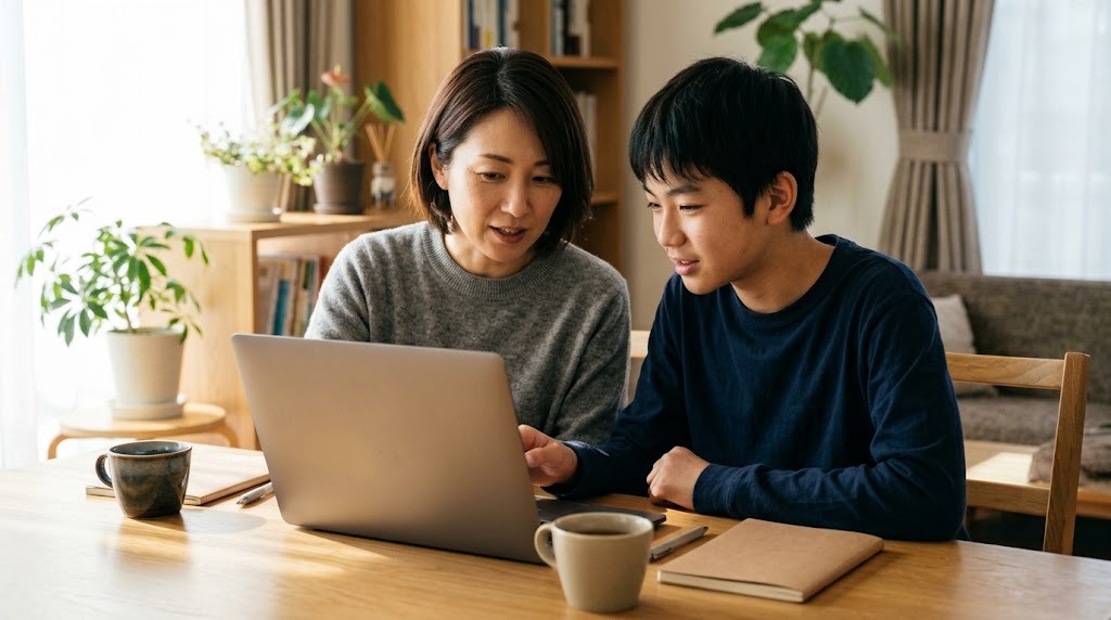 明るいリビングで母親と中学生の息子が並んで座り、ノートパソコンを見ながら話している