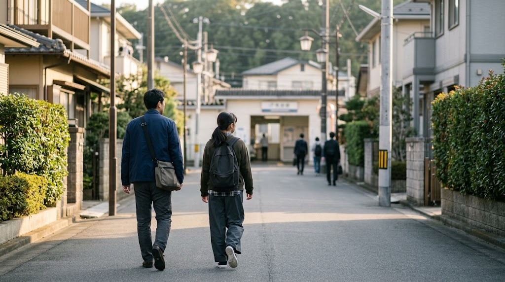 朝の住宅街を、中学生の娘と父親が駅に向かって並んで歩いている後ろ姿