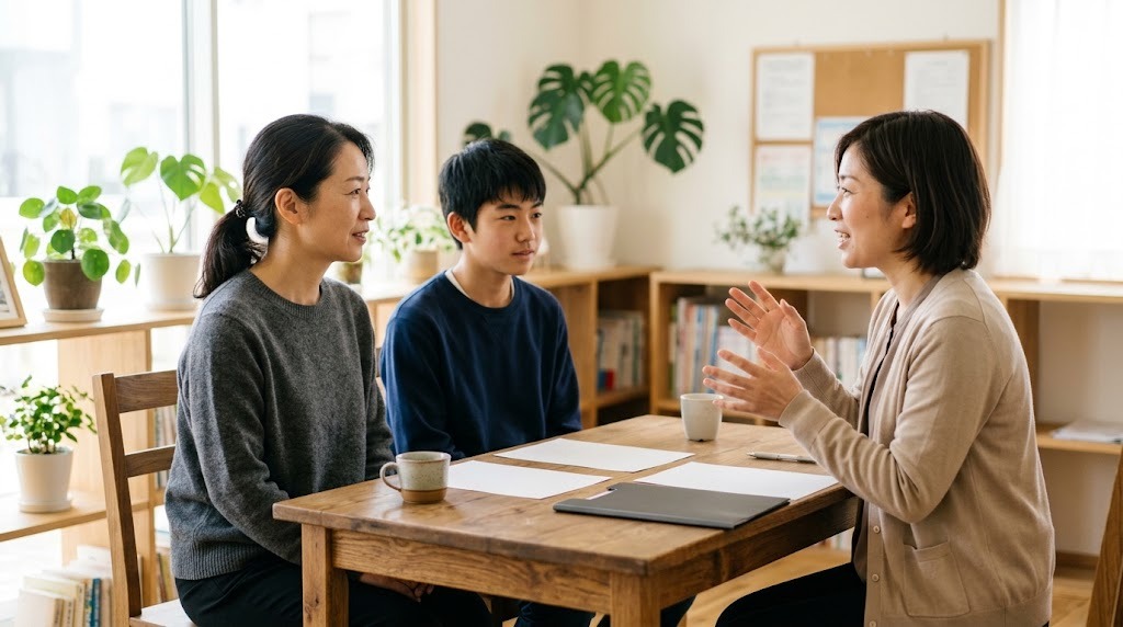 明るい相談室で、保護者と中学生が並んで座り、職員の説明を聞いている