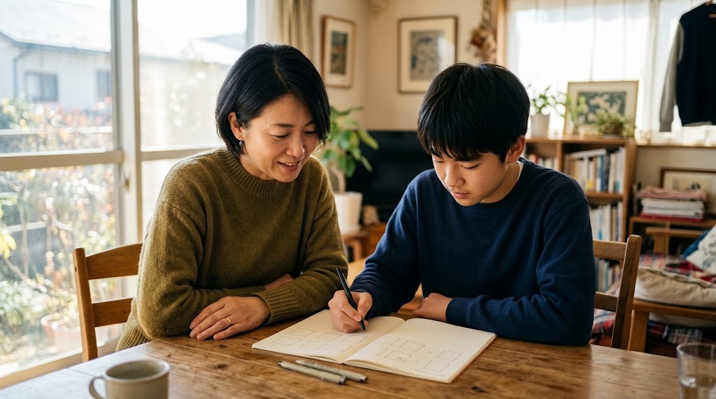 明るいリビングのテーブルで、母親と高校生の息子がノートを一緒に見ている