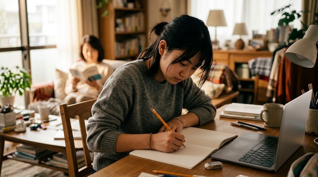 自宅の机で高校生がノートに書き込み、奥で家族が本を読んでいる