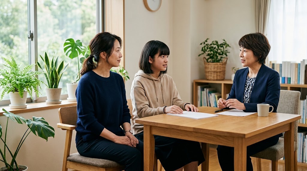 明るい相談室で、保護者と高校生の娘が職員の説明を聞いている