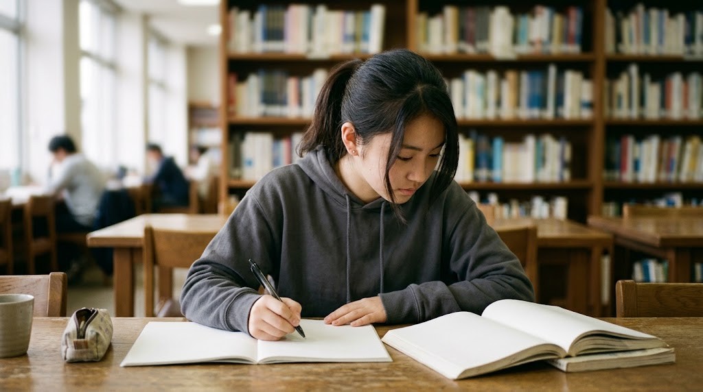 図書館の机でノートを広げて勉強する高校生