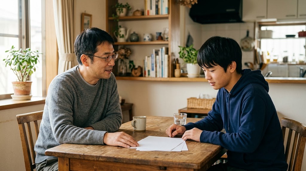 ダイニングテーブルで紙を前に進路を話し合う親子