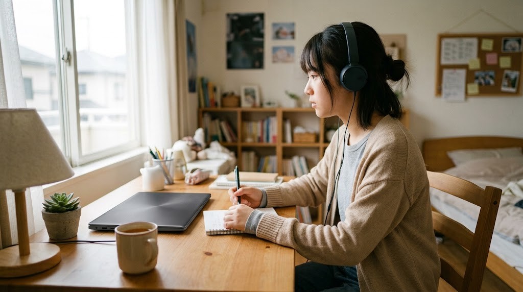 自宅の机でノートに書き込みながら勉強する高校生