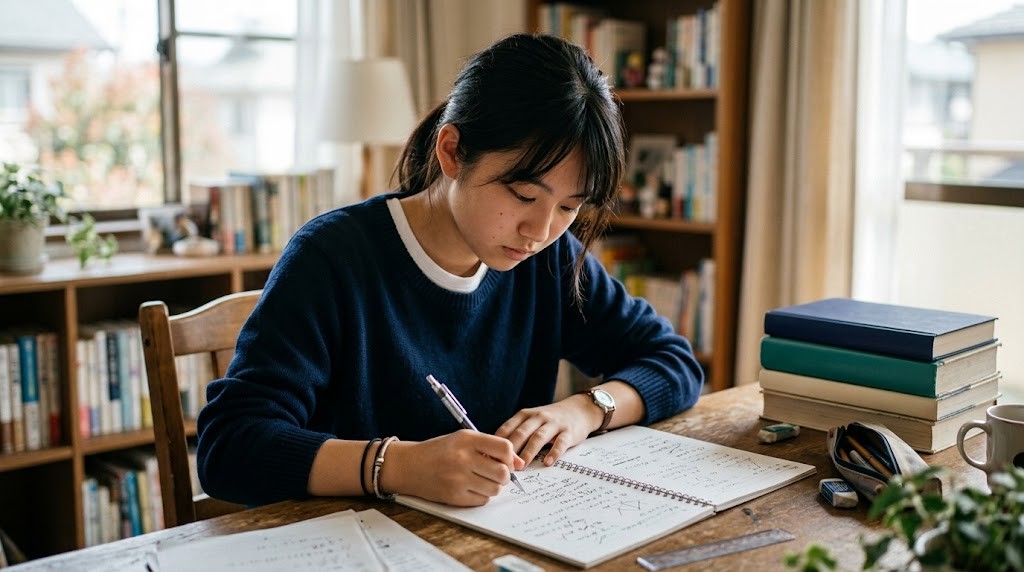 机に教科書を積んで数学に取り組む高校生