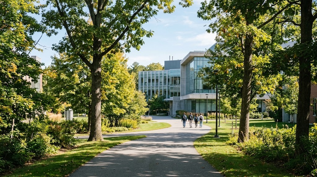木々に囲まれた大学のキャンパスの小道