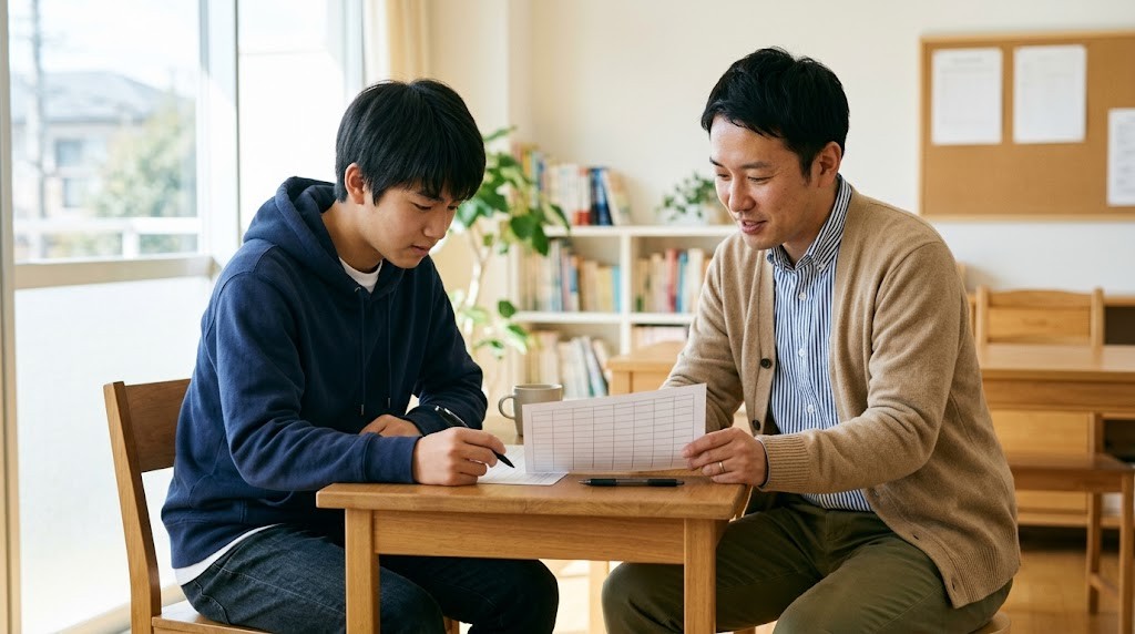 予定表を一緒に見る高校生と先生