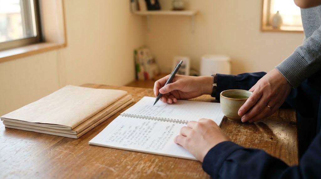 机でノートに書き込む生徒の手元と、そばにお茶を置く家族の手