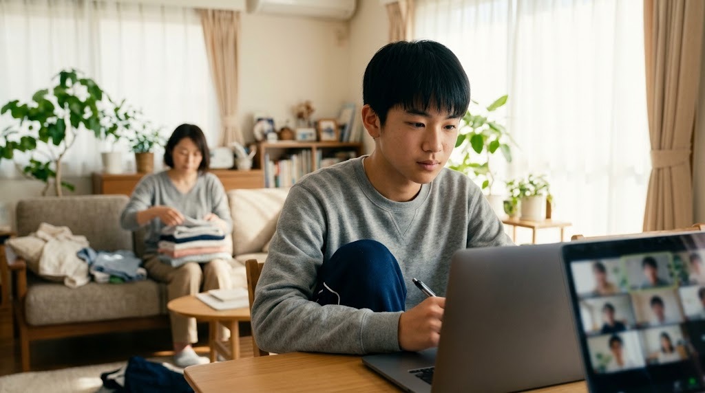 リビングで高校生がオンライン授業を受け、奥で母親が洗濯物をたたんでいる