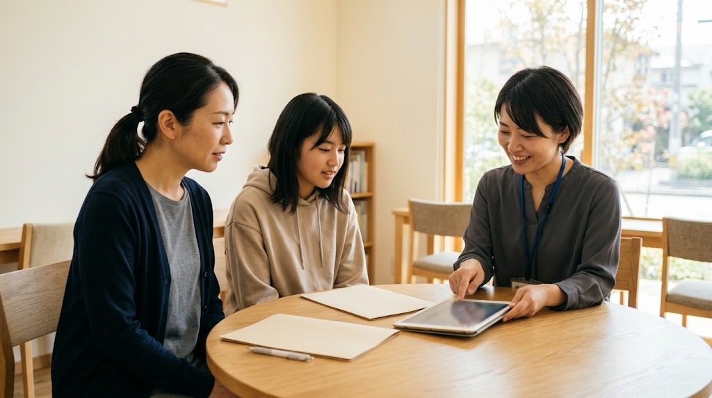 相談室の丸いテーブルで、母親と娘が職員の説明を聞いている