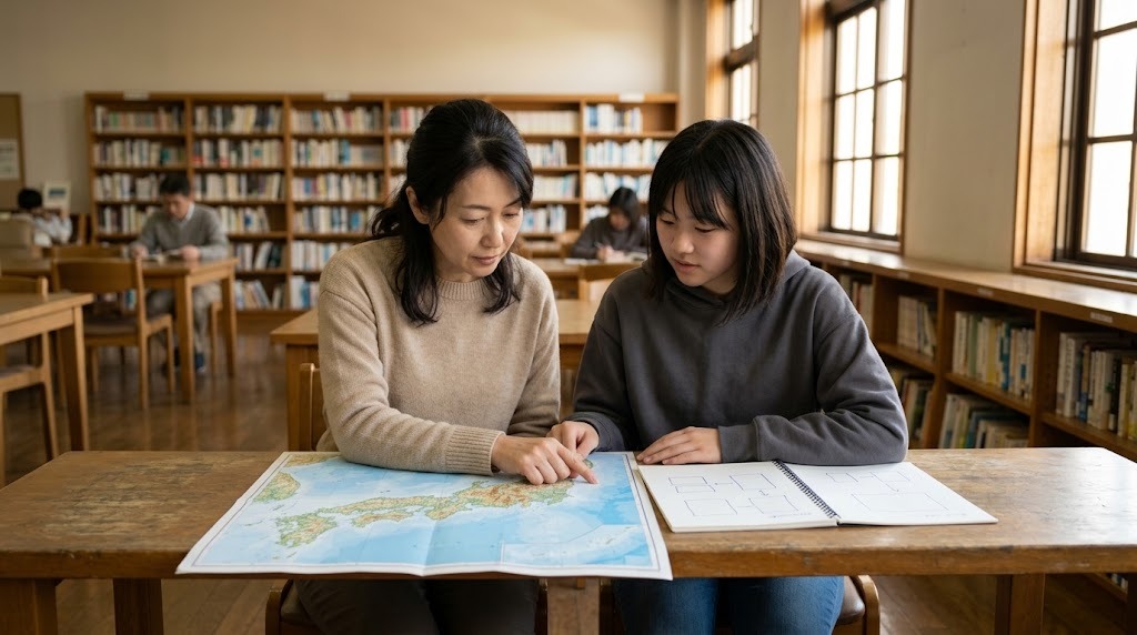 図書館の机で、母親と娘が日本地図を広げて見ている