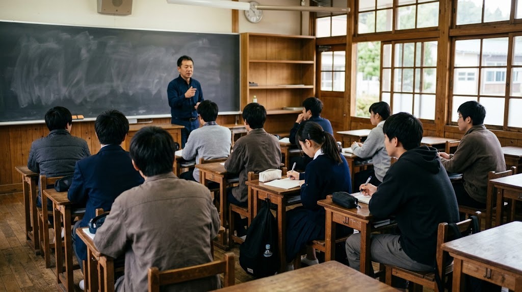 土曜の朝の教室で、年齢のちがう生徒たちが先生の話を聞いている