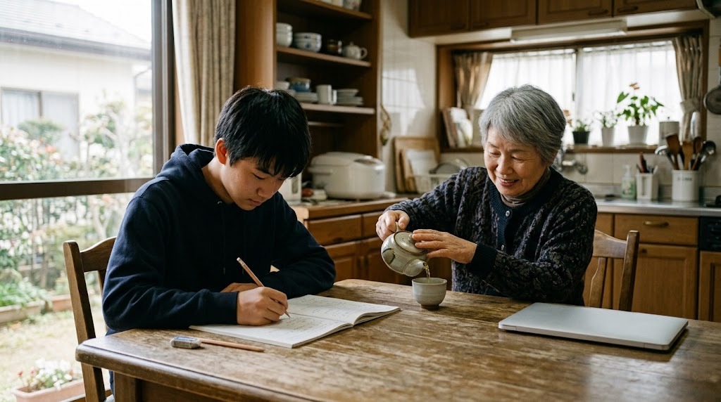 台所のテーブルで生徒が問題集に書き込み、祖母がお茶をいれている