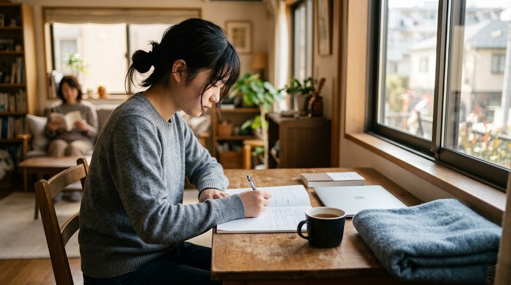 ソファで書類を見ながら話す保護者と高校生