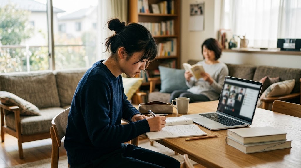 明るいリビングのテーブルで高校生がノートに書き込みながらオンライン授業を受け、奥のソファで保護者が本を読んでいる