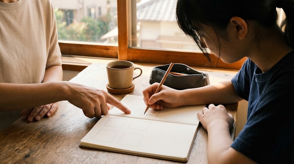 窓辺の机でノートに書き込む生徒の手元と、そばで指さして見守る母親の手