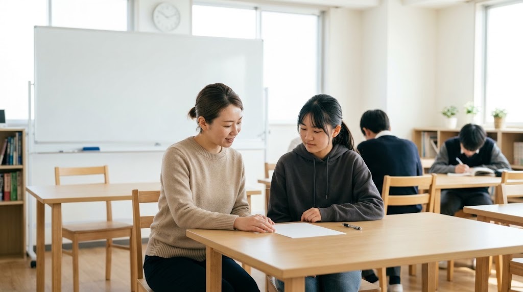 明るい教室で、女子生徒と先生が並んで座り、白い紙を見ながら話している
