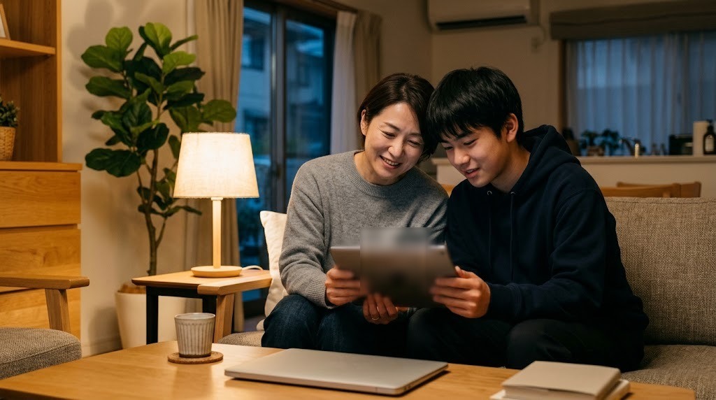夕方のリビングのソファで、母親と息子がタブレットを一緒に見ている