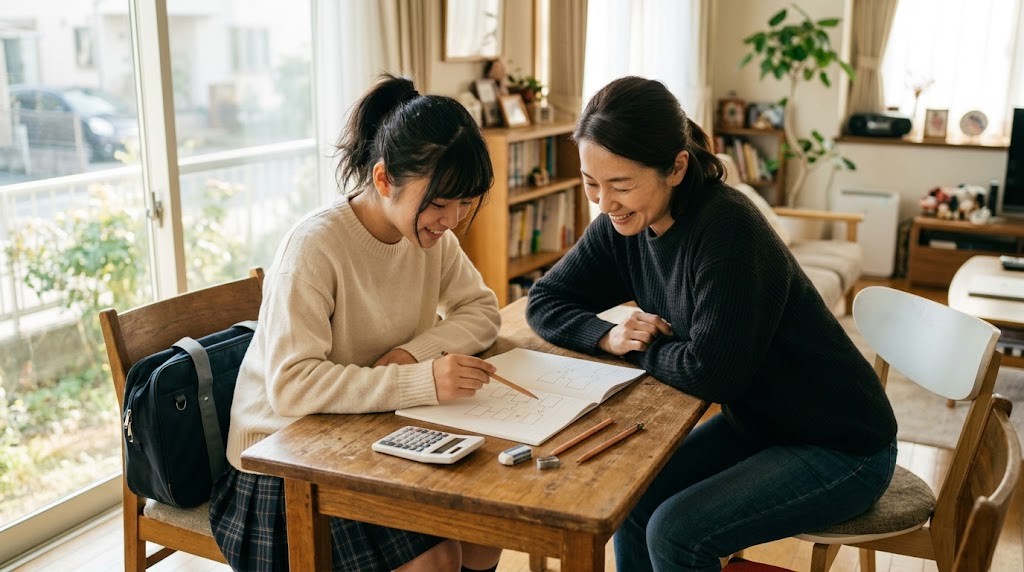 明るいリビングのテーブルで、高校生の娘と母親がノートと電卓を前に笑顔で話している